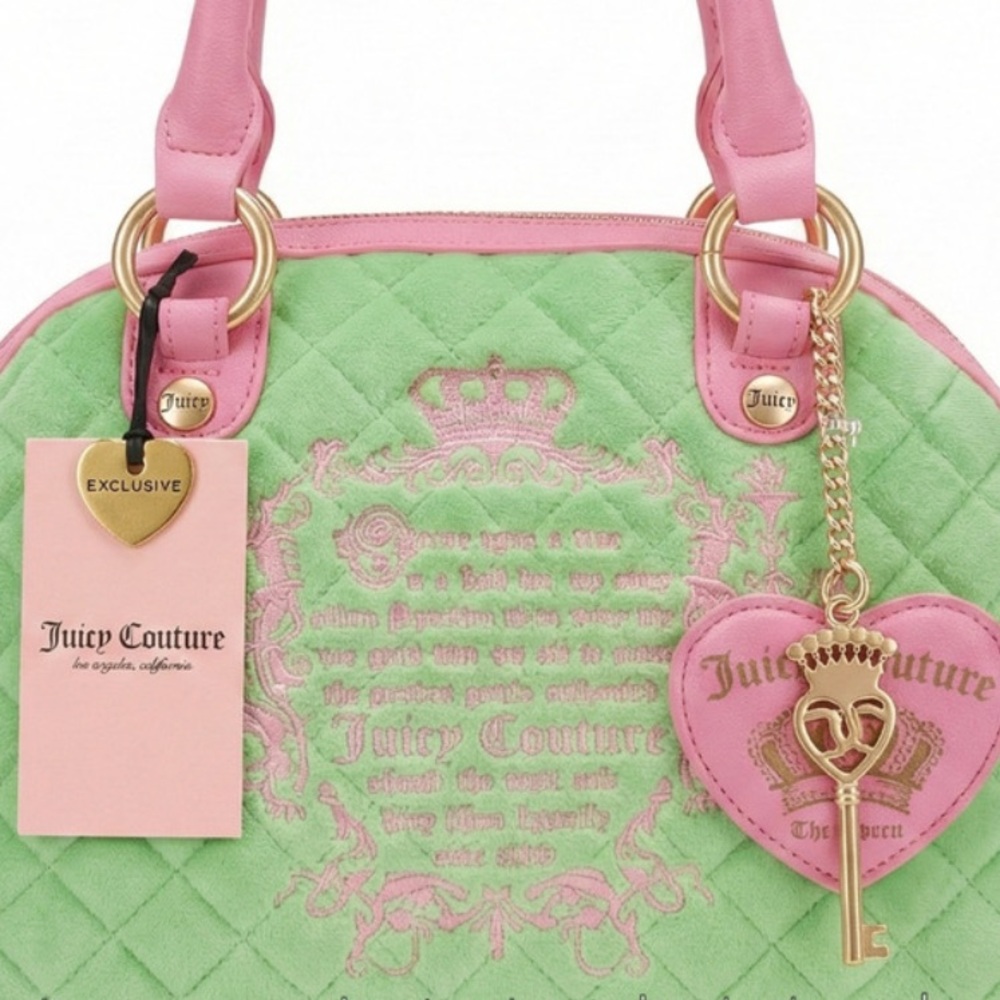 Juicy Couture Pink and Green Quilted Heart Charm Tote